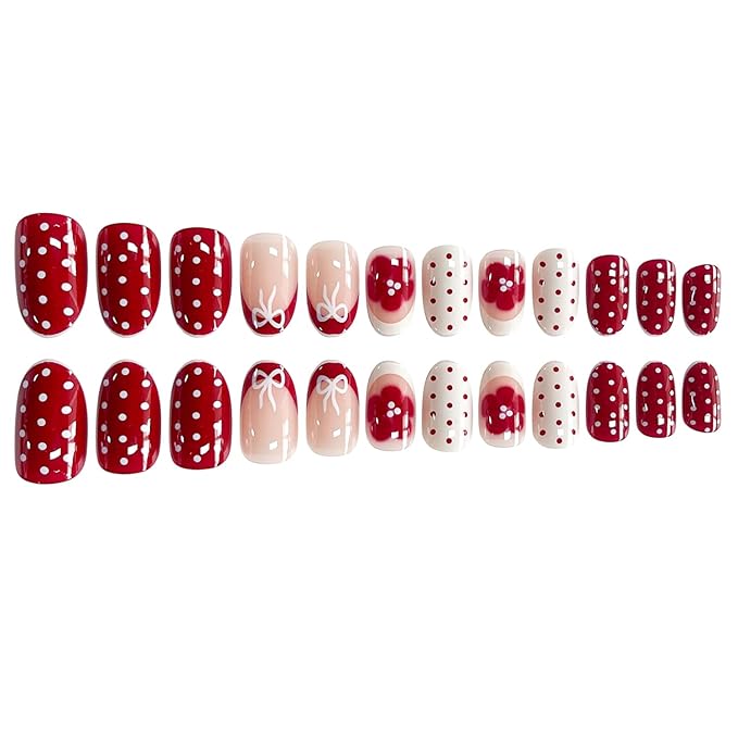 Press on Nails Short Oval MABKJLF French Tip Fake Nails Flower False Nails with Polka Dots Floral Designs Pink&White Glossy Glue on Nail Spring Summer Acrylic Nails for Women Girls 24Pcs