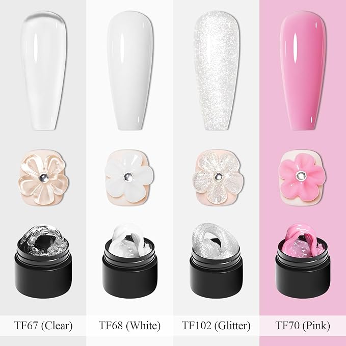 MEET ACROSS All-in-One Extension Mini Kit Non-Sticky Builder Gel Starter Kit WIth Base & Top Coat/Dual-Silicone Pen/Pro File/20-Pc Reusable Dual Forms Salon-Grade Extensions (Clear+White+Glitter+Pink)