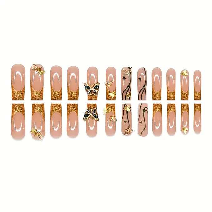 RTKHFZE Long Press on Nails Square Fake Nails Gold Glitter French Tip Acrylic False Nails with Designs Nails Tip Gold Butterfly and Rhinestones Full Cover Glue on Nails for Women Nail Decorations