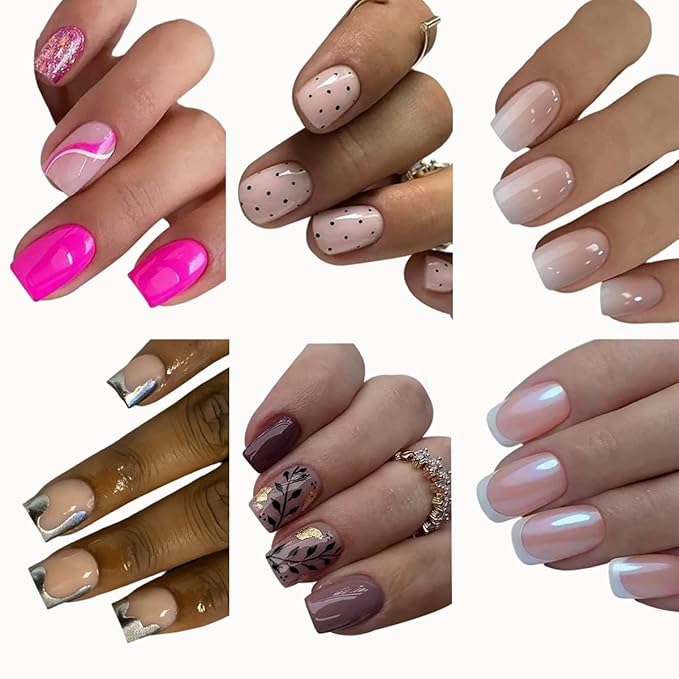 6 Packs (144 Pcs) Press on Nails Short Square Fake Nails Nude False Nails with Designs Ombre White French Tip Pink Brown Glue on Nails Full Cover Glossy Acrylic Stick on Nail for Women Manicure