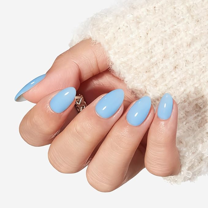 modelones Blue Short Press on Nails, Oval Fake Nails Kit Press Ons with Nail Glue, Adhesive Tabs, Nail File, Prep Pad, Manicure Stick, 32Pcs 16 Sizes, Spring Women Girl Gift