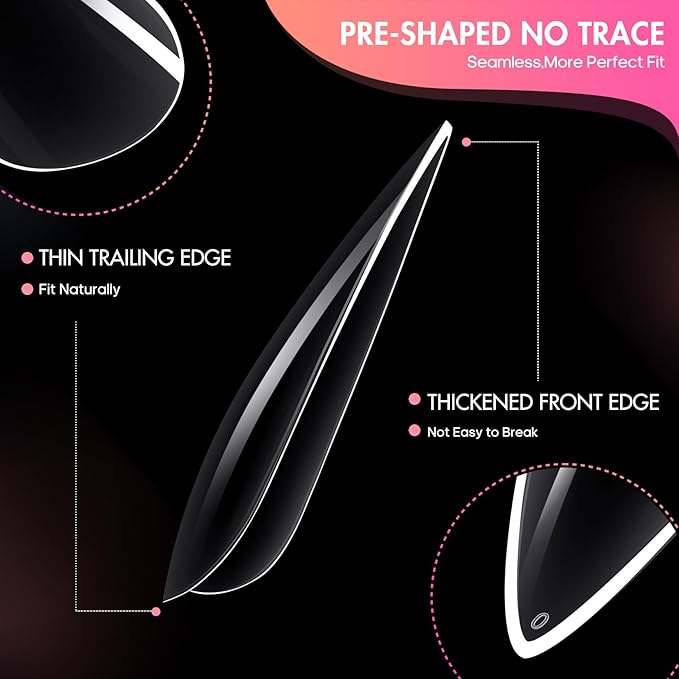 Ranrose Long Almond Nail Tips 240pcs Stiletto Soft Gel False Nails 12 Sizes Clear Full Cover Almond Shaped Press on Nail for Nail Extensions