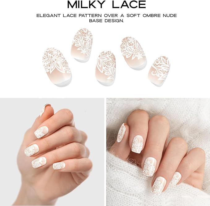 Semi Cured Gel Nail Strips with 20 Pieces - UV Gel Stickers, Manicure Kit, Easy Application Wraps Includes Prep Pads, Nail File, Wooden Stick - UV Light Required (Milky Lace)