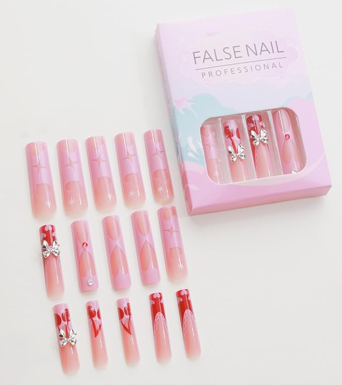 Press on Nails Square - Extra Long Fake Nails with 3D Bows, Pink French Tips Cute Red False Nail, Stick On Nails for Women, 12 Sizes - 24 Nail Kit, Cherry Love