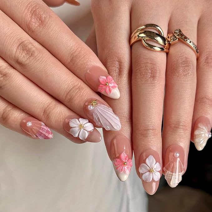 Press On Nails - 3D Almond Handmade Unique French Fake Nails, Thick Acrylic and Muti-Layer Gel False Nails, Reusable Gel Cured Sturdier Fake Nails (Size S)