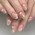 Flower Press on Nails Short Almond Fake Nails Glitter French Tip Nails Press Ons with Gold Line Design Glossy Full Cover Glue on Nail Nude Stick on Nail for Women Decorations Set 24Pcs