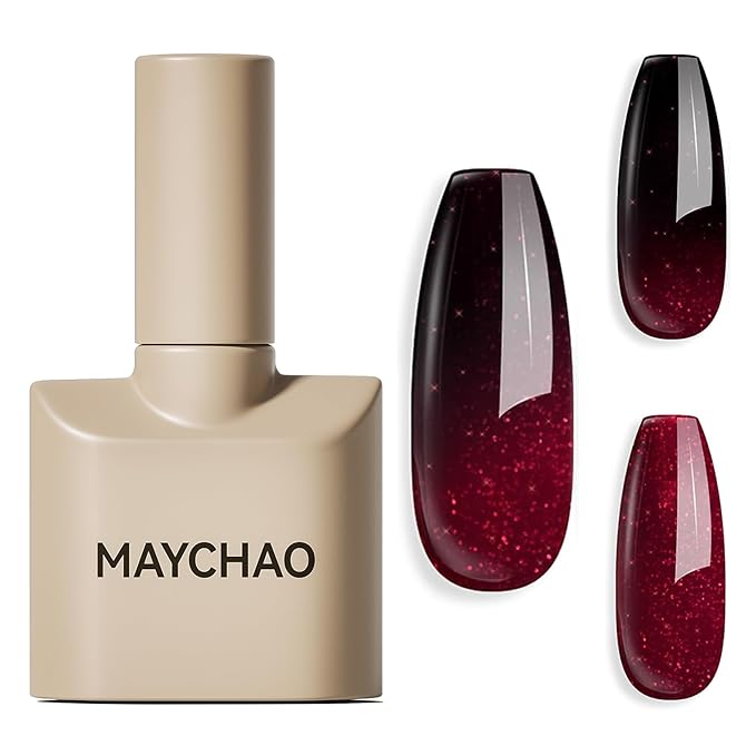 MAYCHAO 15ML Color Changing Gel Nail Polish 1Pc Burgundy Red Shimmer Mood Temperature Change Halloween Gel Polish Soak Off Ombre Thermal UV Nail Polish Nail Art Manicure DIY at Home, 0.5 OZ