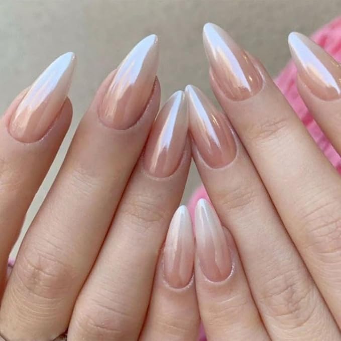 Ombre Press on Nails Almond Fake Nails with Design Chrome False Nails Press ons Medium Glossy Full Cover Acrylic Glue on Nails Artificial Stick on Nail for Women Manicure 24Pcs
