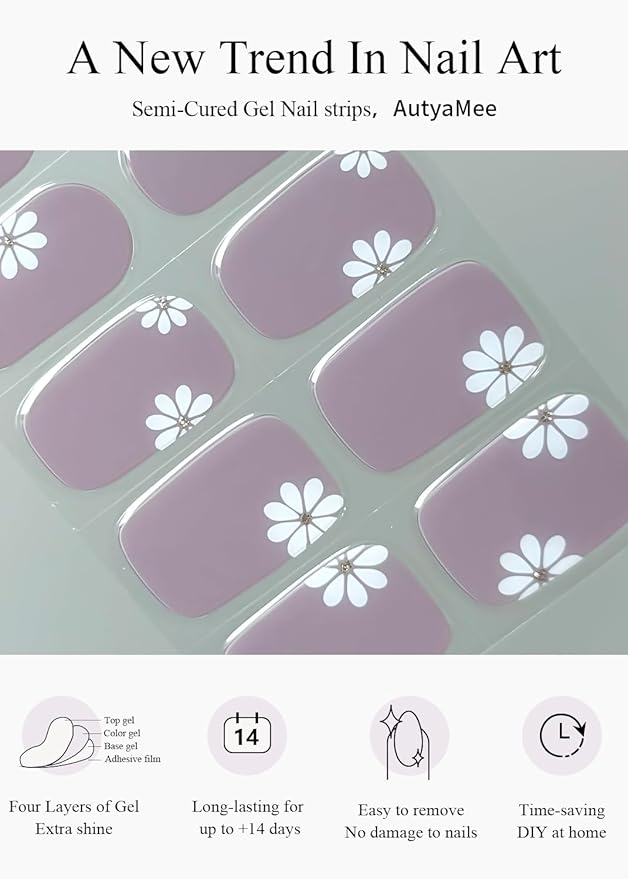 Semi Cured Gel Nail Strips (Purple Flower), 20 Pcs Gel Nail Wraps, Stickers, Salon Quality, Long Lasting, Works with Any UV Lamps