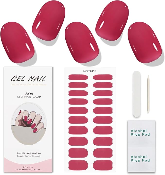 JMEOWIO Semi Cured Gel Nail Strips Dark Red Gel Nail Stickers Nail Supplies Nail Art Design Decoration Accessories