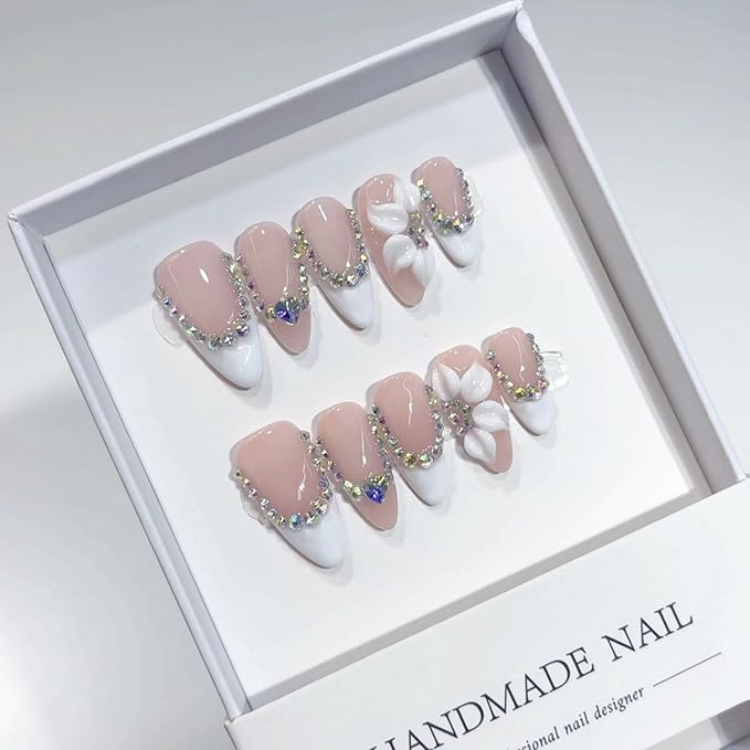 10 Pcs Flower Handmade Press on Nails Almond Shape Luxury Medium Hand Made Nails with Design Flower Artificial Stick on Nails French Tip False Nail for Women (S)