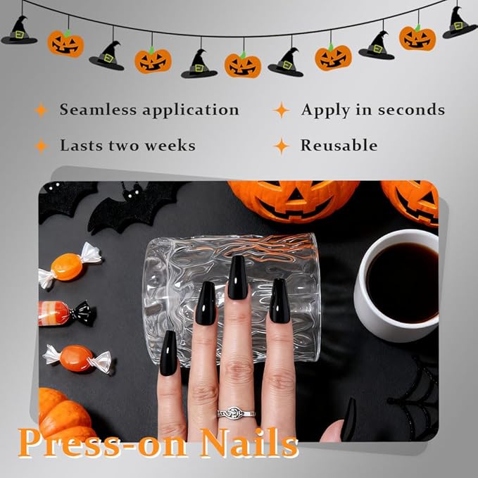 evpct Black Glossy Coffin Press on Nails Medium Square, Glossy Black Fake Nails False Nail Pure Color with Kit, Salon Quality Soft Gel Stick on Acrylic False Soft Nails Reusable Full Cover for Women