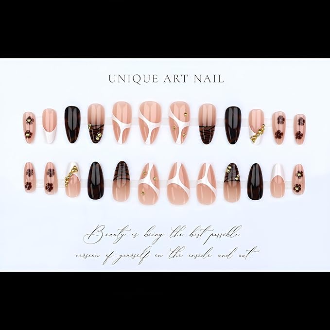 Leopard Print Press on Nails Almond Fake Nails French Tip False Nails Flower False Nails with Gold Rhinestones Design Glossy Stick on Nail Medium Glue on Nail for Women Decoration Set 24Pcs