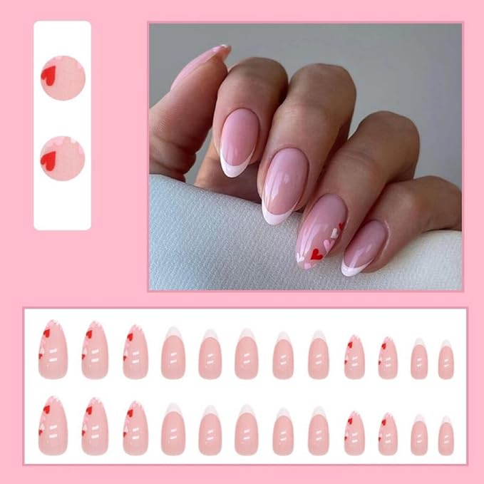 Press on Nails Almond - Medium Fake Nails with Pink Red Hearts Design - White French Tip False Nails for Women - 24 Pcs