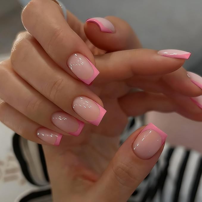 Clear Semi Cured Gel Nail Strips French Tip 20Pcs Rose Pink UV Gel Nail Stickers Glossy Nails Polish Strips UV/LED Light Needed Self Adhesive Full Polish Nails Wraps for Women