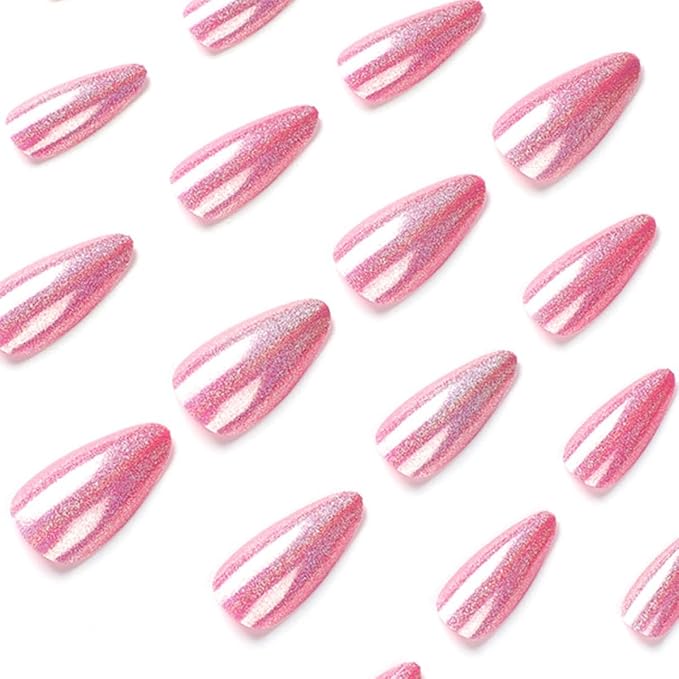 Press on Nails Almond - Medium Fake Nails with Chrome Colorful Design - Pink False Nails Press ons - for Women 24 Pcs