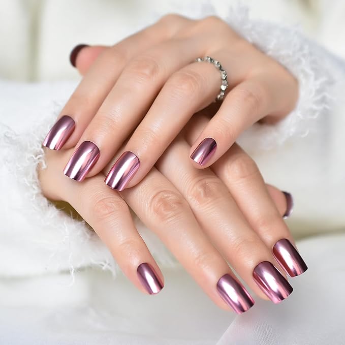 EchiQ Chrome Punk Metallic Pink Square Press On False Nails Medium Short Length Fingernails Velvet Fake Nails Bright Acrylic Manicure Art Tips Women 24pcs/Set