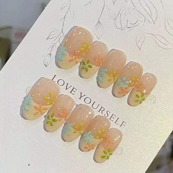 Handmade Press on Nails French Press on Nails Medium Almond Fake Nails Pink False Nails Full Cover Design Colorful Flower False Nails Reusable Acrylic Nails for Women Art Manicure (Size M)