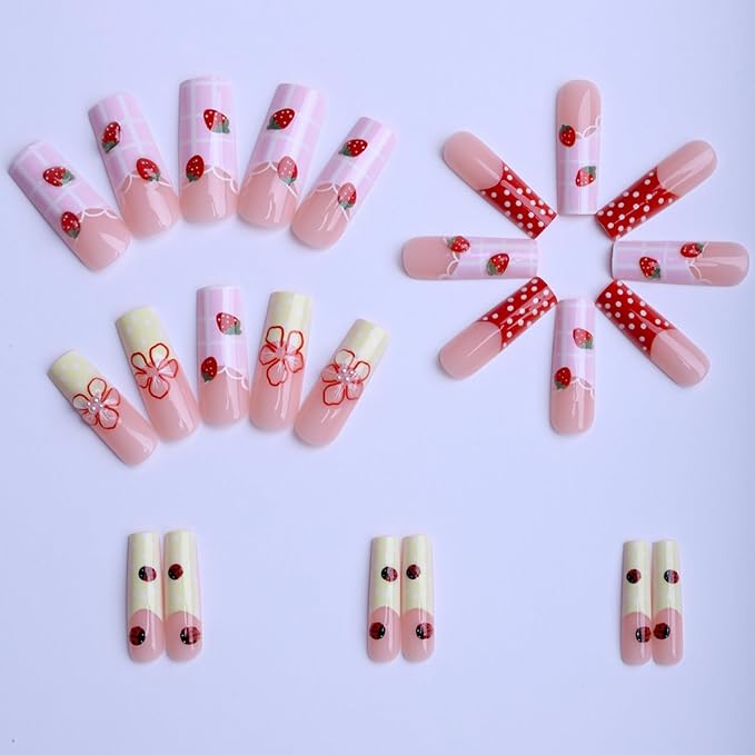 Long Square Press on Nails Fake Nails Artificial Nail Stick on Nail for Women Design with Pink Yellow Red & White Dots, 3D Strawberries, Flowers, Pearl Hearts and Cute Love Style