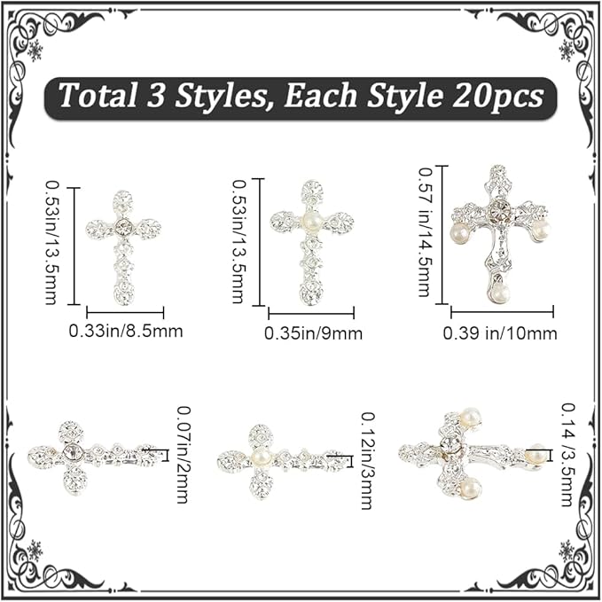 CRASPIRE 60Pcs Cross Nail Charms 3D 3 Style Y2K Metal Alloy Rhinestone Pearl Flat Gems Set Gothic Vintage Punk Studs Decor for Women Nail Art DIY Jewelry Charms Christmas Decoration Crafts Accessories