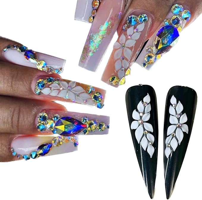 Handmade 12Pcs -3D -Acrylic White Apricot -Flowers -for -Nails Long Size L, XL, XXL, Flower Nail Charms Rhinestones, Floral Gems Kit Accents for Crafts and Designs -HaFloNa