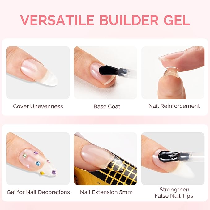 MelodySusie 2PCS 15ML Clear Nude Builder Nail Base Gel for Nails Thickening,Soak Off UV Extension Gel,Rhinestone Nail Glue in a Bottle for Nail Art Design Gift for Women