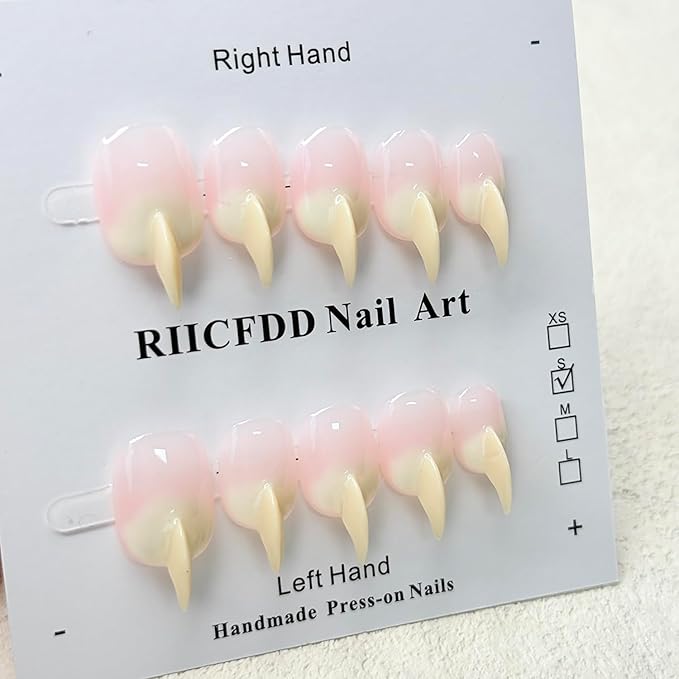 10 Pcs Handmade Press on Nails Medium Curved Stiletto Cat Claw Nails Press Ons Beige Nail Tips Design Thick Cat Claw Fake Nails Reusable Glossy Acrylic Stick on Nail (S)