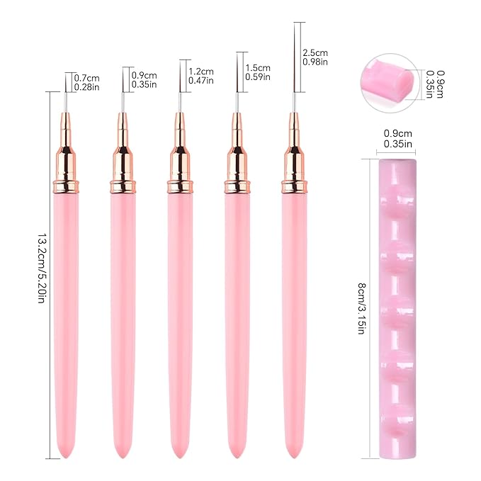 Nail Art Liner Brushes with Nail Brush Holder 5Pcs Striping Brushes Gel Polish Painting Art Design Pen Set for Fine Drawing (Pink)