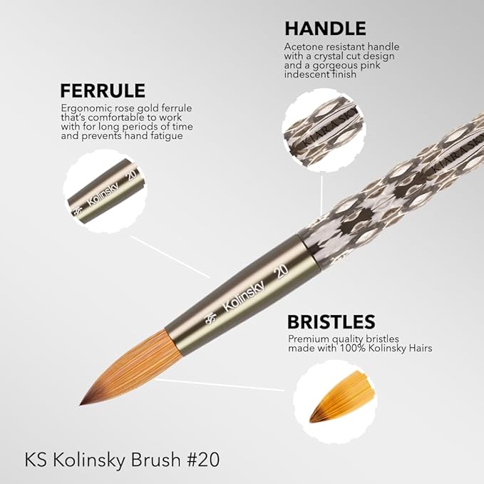 Kiara Sky Acrylic Brush #20 - Black | 100% Pure Kolinsky | Crystal Cut Handle and Acetone Resistant