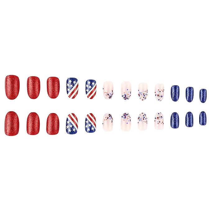 4th of July Press on Nails Short Almond Fake Nails America Flag Blue Red Glitter False Nails with Designs Full Cover Tricolor Flag Glossy Glue on Nails Acrylic Artificial Nails for Women Girls 24Pcs
