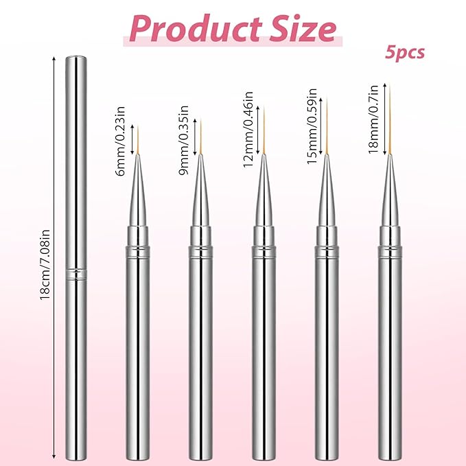 5 Pcs Liner Brushes for Nails Nail Art Brushes Detail Brush Dotting Painting Tools Thin Nail Art Brush for Gel Polish Long Lines Thin Details Fine Drawing, Sizes 6/9/12/15/18mm (Silver)