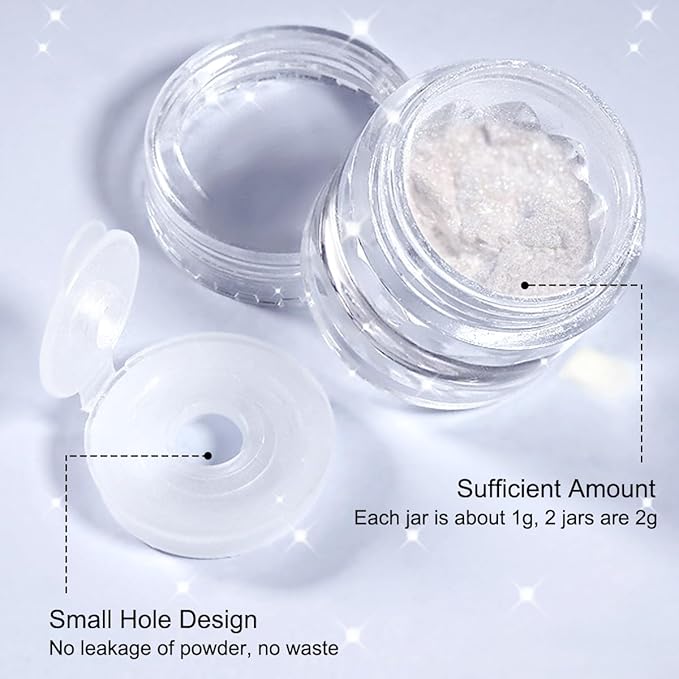 2Pcs Moonlight White Chrome Nail Powder, Aurora Pearl Chrome Nail Powder Magic Clear Pearlescent Mirror Effect Holographic Nail Glitter White Shimmer Sugar Pigment Dust for Nails Art Design 1g/Jar