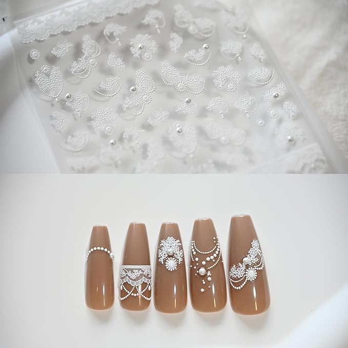 White Lace French Line Nail Art Stickers Pearl Rhinestones Embossed French Line Nail Decals for Nail Art Design Self-Adhesive Nail Accessories for Women Nail Art Supplies 3 Sheets