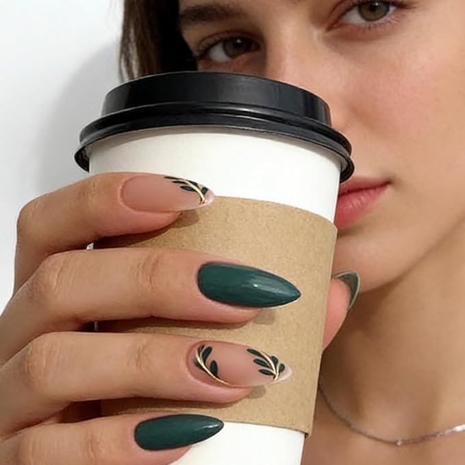 Green Press on Nails - Medium Almond Fake Nails - with Designs Leaf False Nails Press ons - Glue on Nails St Patricks Day Nails Acrylic Stick on Nail for Women 24 Pcs