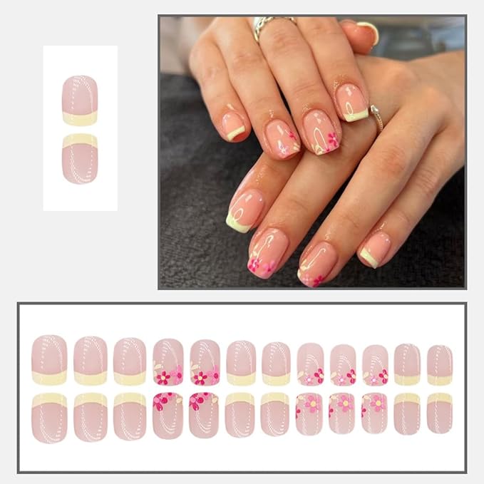 Press on Nails Square Short Fake Nails Press ons Yellow French Nail Tips Artificial Acrylic Kit Full Cover False Nails with Flowers Glossy Design Stick on Nails for Women 24Pcs