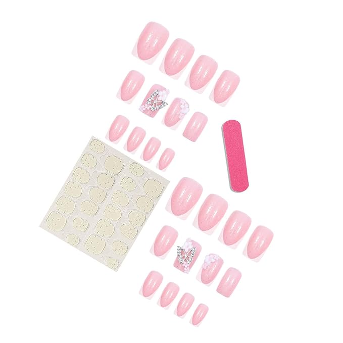 Square Press on Nails Medium Fake Nails with Designs 3D Flower Stick on Nail Butterfly Rhinestone Acrylic False Nail French Glossy Artificial Nail Full Cover Glue on Nails for Women