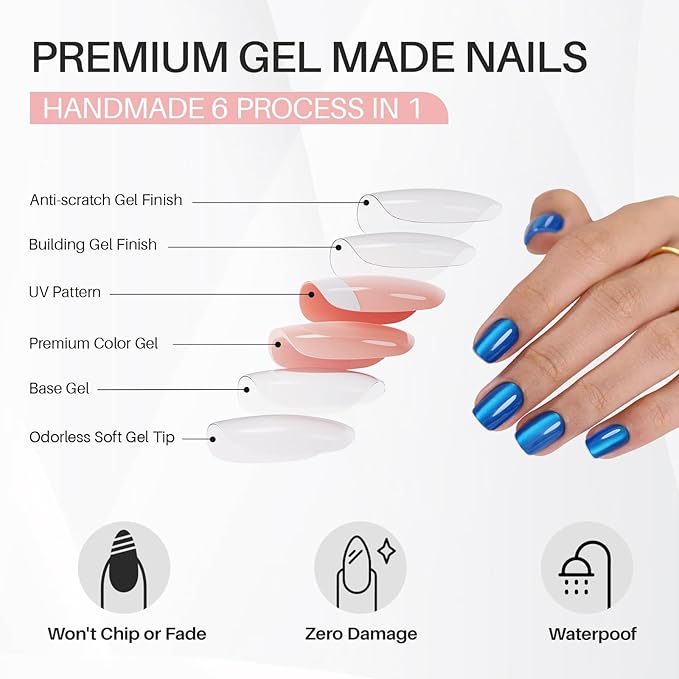 Blue Cat Eye Press on Nails Square - SHANGMENG Soft Gel Press on Nails Short for Women Gift, Fit Perfectly & Natural Stick on Nails with Glue in 16 Sizes - 32 Reusable Fake Nails, Royal Blue