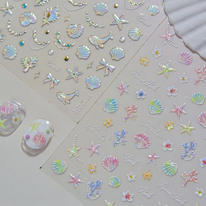 Laser Ocean Nail Stickers Bow Nail Designs 3D Self-Adhesive Dolphin Nails Supplies 5D Embossed Conch Nail Decals Aurora Summer Coral Starfish Nail Art Decoration for Women Girls DIY Manicure 1 Sheet