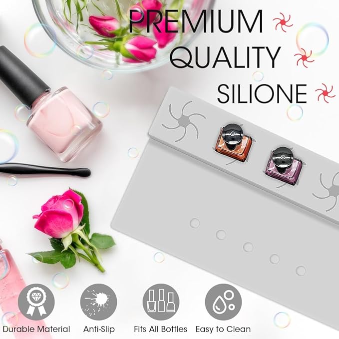 Nail Polish Holder,Silicone Hand Rest Mat Fingernail Painting Tools 2 in 1 Art Accessories Organizer Case Set with Anti-Spill Bottle Stand and Finger Separators for Pedicure Manicure(Grey)