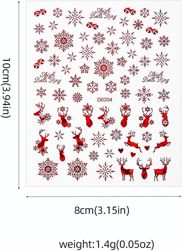 12PCS Christmas Nail Stickers Gold & Red Holographic Nail Art Stickers Festive Reindeer Snowflake Self Adhesive Nail Decals Santa Nail Art Supplies for Women Girls DIY Manicure Nail Art Decorations