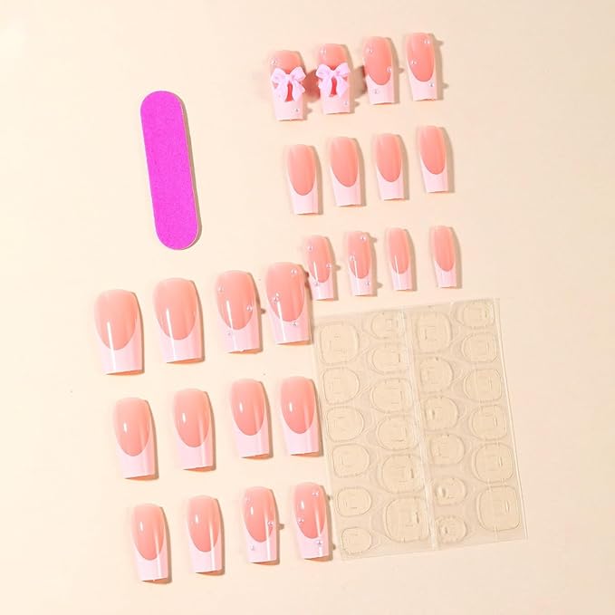 Medium Press on Nails Square - White French Tip Fake Nails with Bow Charms Design - Cute False Nails Press ons - for Women 24 Pcs