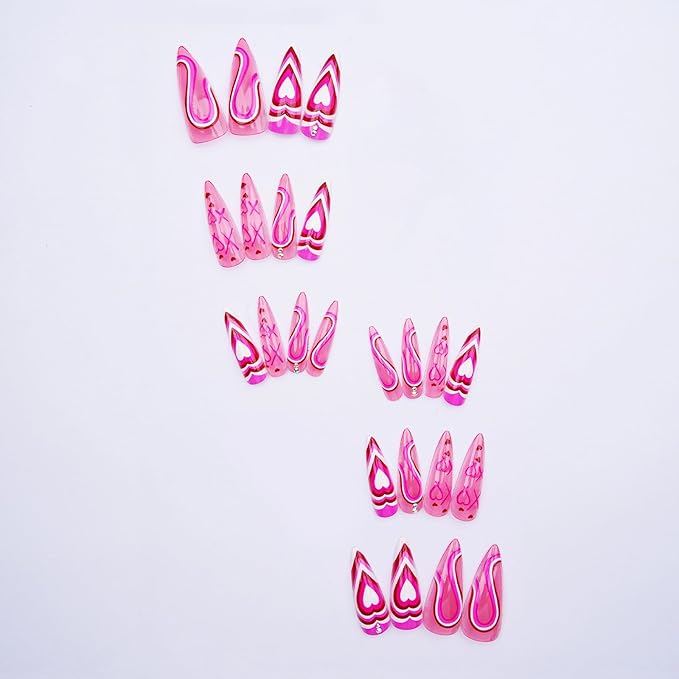 MISUD Press on Nails - Long Stiletto Fake Nails with Hot Pink, Acrylic Valentines Heart Design 24 pcs