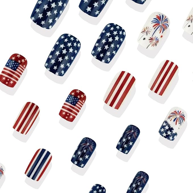 4th of July Press on Nails Medium Square Flag Fake Nails False Nails with Designs Stars Fireworks Full Cover Glossy Glue on Nails Blue Red White Acrylic Nails for Women Girls 24 Pcs