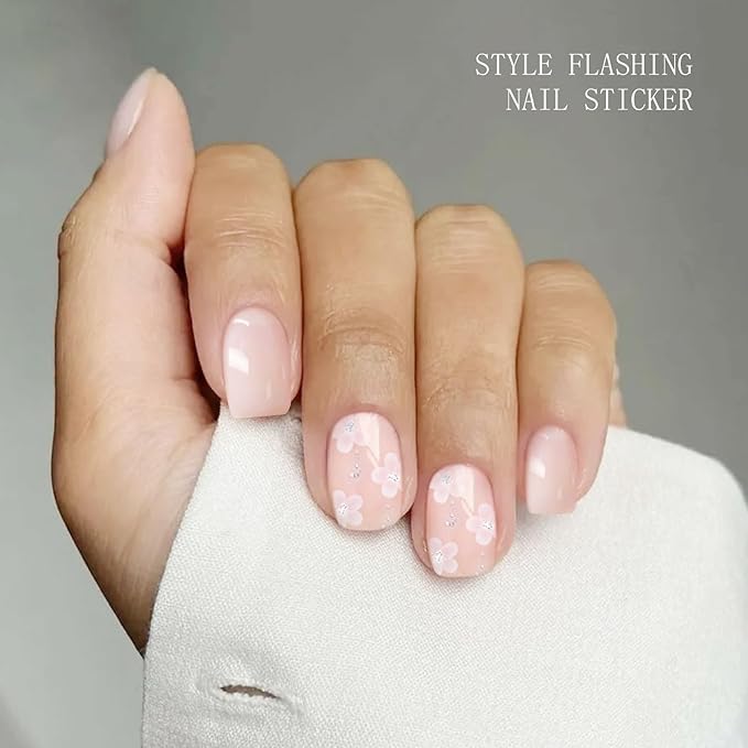 JMEOWIO Gel Nail Stickers Glitter White Flower Semi Cured Gel Nail Strips Wraps UV/LED Nails Art Design Decoration Accessories