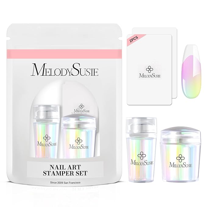 MelodySusie Nail Stamper Kit, 2 Sets Silicone French Tip Upgrade Stamp Tool, Long and Short Stampers with 2PCS Scrapers for French Manicure DIY Home Art Design Salon, Aurora