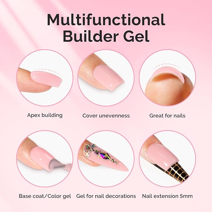 MelodySusie Hema Free Builder Gel Set for Nails Thickening, White and Pink, 3PCS 0.5 Fl Oz, Tpo Free, Soak Off UV Extension Gel, Nail Art Design Salon DIY Manicure at Home for Women