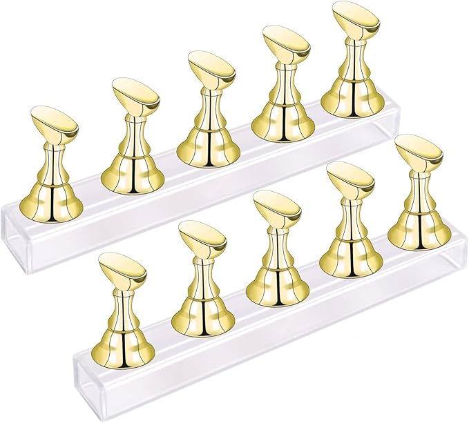 2 Sets Nail Stand for Press on Nails Art Display Practice Fake Nail Tips Holder for Painting Nails Stand Magnetic False Nail Practice Stand for Home DIY and Nail Salon, Gold