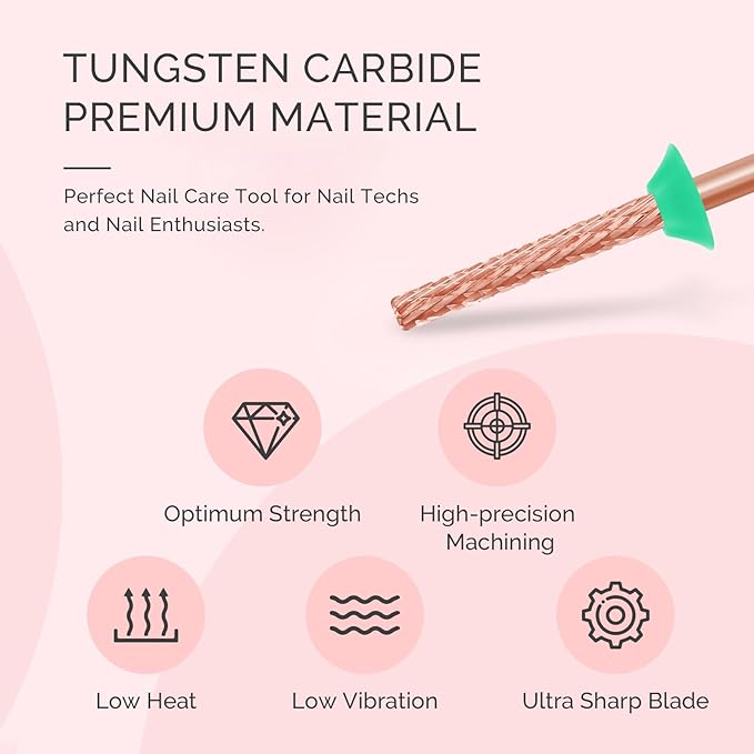 MelodySusie Super Long Mini Barrel Nail Buffer Bit, Professional Safety Carbide Nail Bit for Nail Bed File Cuticle Dead Skin Cleaning Nail Prepare, Two Way Rotate, Manicure Salon Supply, Rose Gold, C