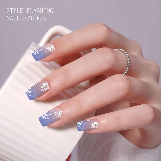 JMEOWIO Gel Nail Stickers Light Purple Pink Flower Semi Cured Gel Nail Strips Wraps UV/LED Nail Supplies Nail Art Design Decoration Accessories