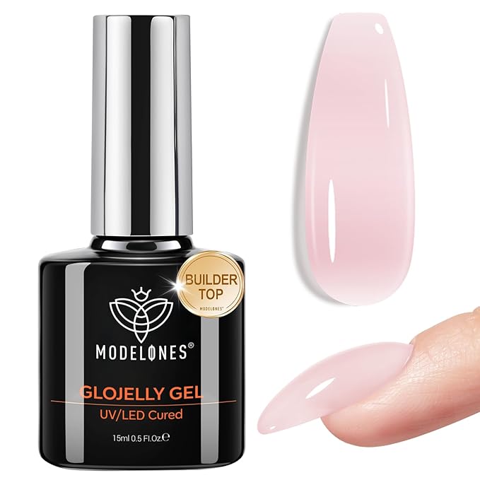 modelones Builder Nail Gel Top Coat, 15 ML No Wipe Ultra Gloss Milky Pink Gel Polish Apex Building Nails Strengthener Extension Jelly Color Nail Art Long Lasting Soak Off U V Manicure Gift for Women